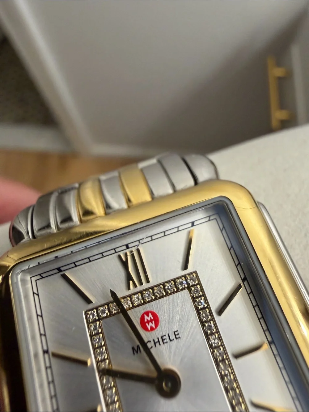Michele Two-Tone Gold and Silver Rectangular Diamond Accent Dress Watch